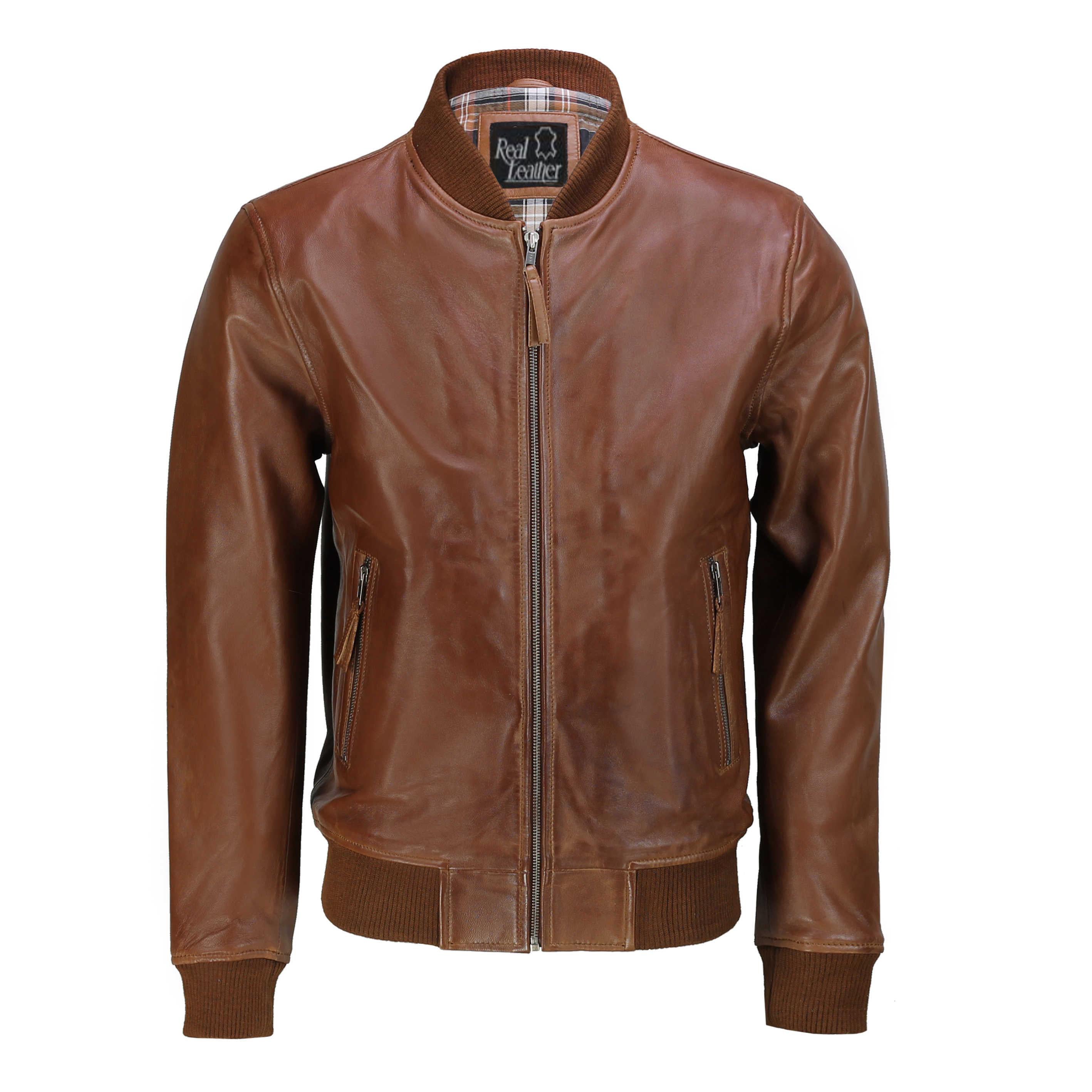 Xposed Mens Tan Black Soft Real Leather Smart Casual Vintage Bomber Biker Style Jacket