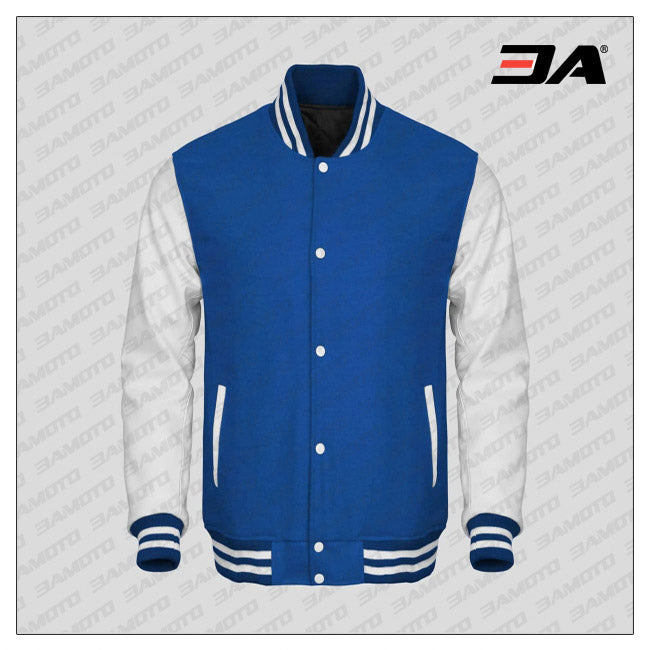 Varsity Royal Blue Wool and Genuine White Leather Sleeves Letterman Baseball Jacket