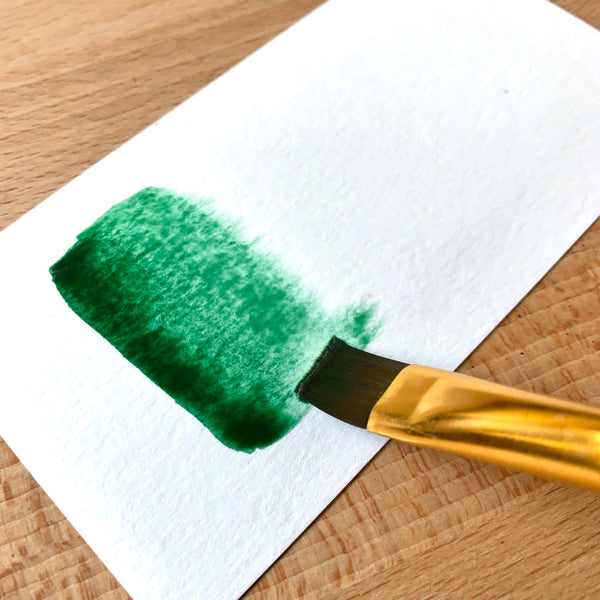 Close up of a paint brush filled with dark green paint on watercolour paper