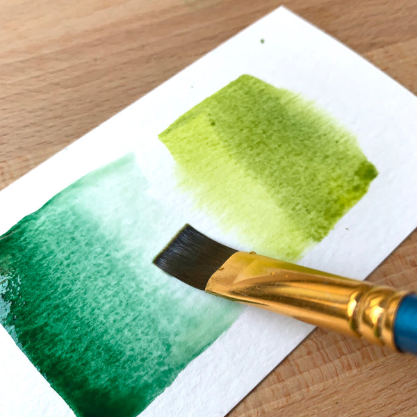 Close up of a paint brush filled with dark and light green paint on watercolour paper