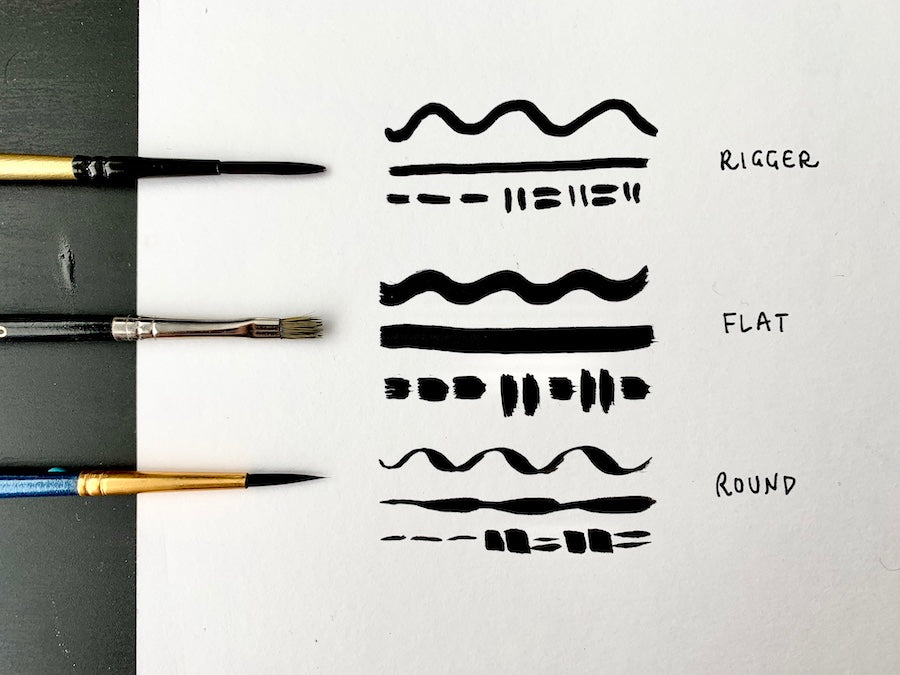 Comparison of rigger, round, and flat brush with india ink