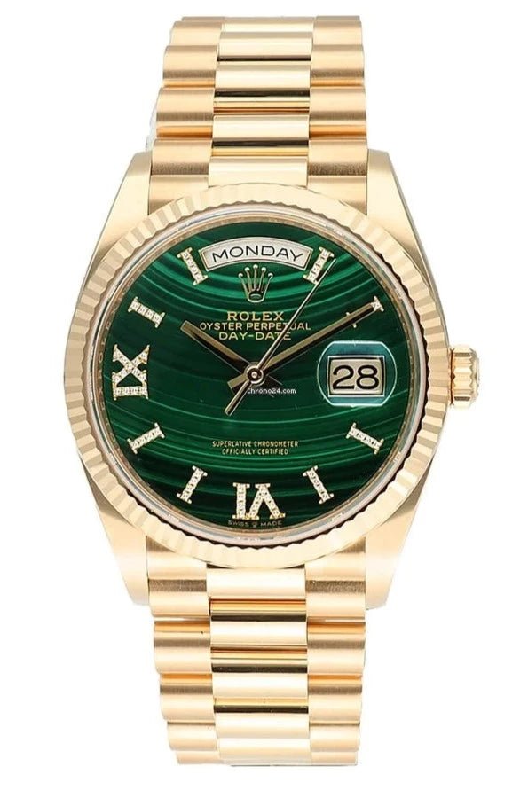 Uenighed trojansk hest Monograph Rolex Day-Date 36 Super Rare Malachite Dial | Green Dial Fluted Bezel  President Bracelet – WatchesOff5th