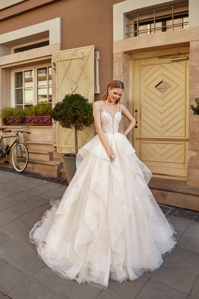 Carolina- Beaded Ball Gown Wedding Dress with Multi-layered Skirt