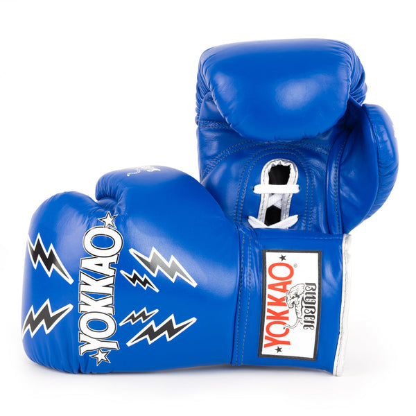 blue lace up boxing gloves