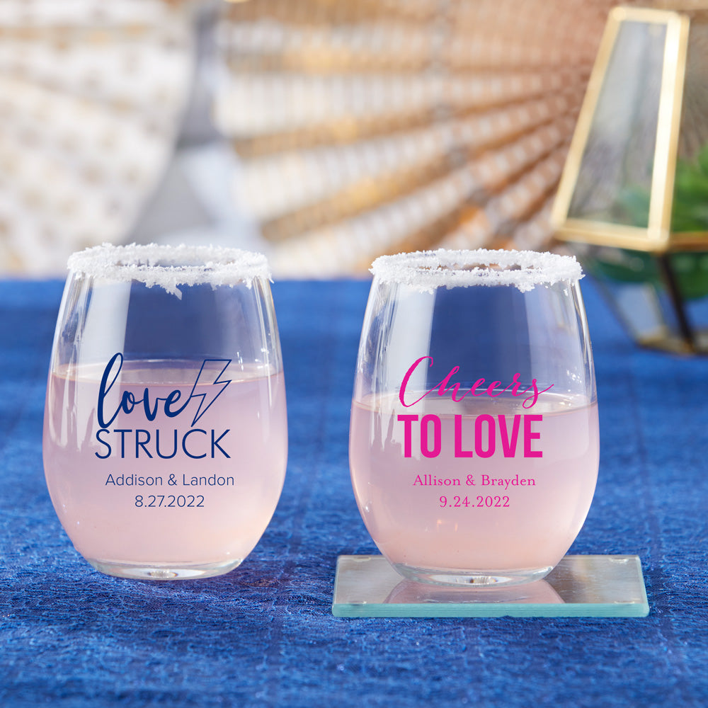 Personalized Wedding 9 oz. Stemless Wine Glass (Gift Box Available)