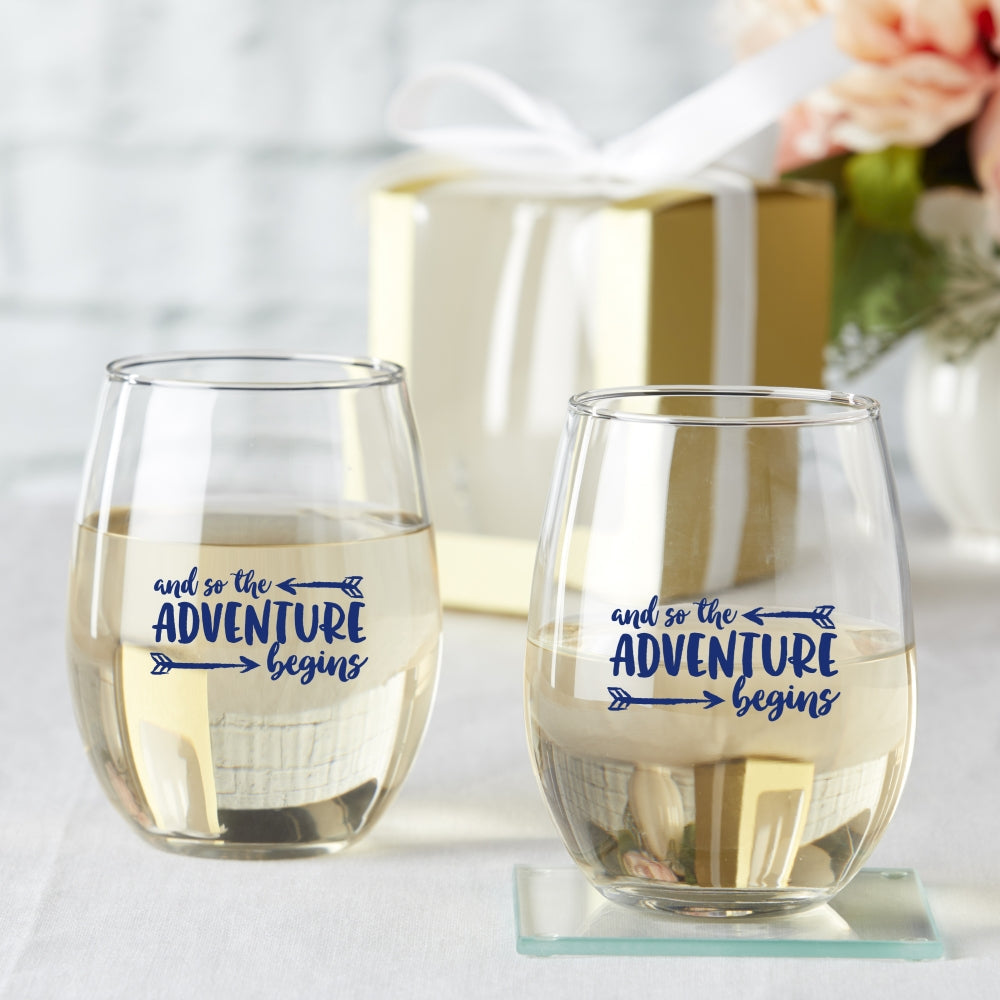 15 oz. Stemless Wine Glass - Adventure Begins (Set of 4) - Main Image | My Wedding Favors