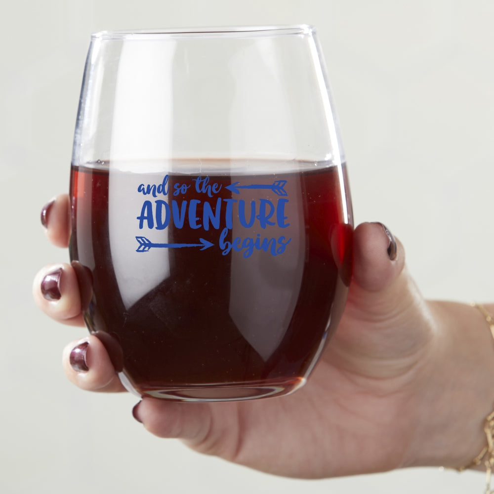 15 oz. Stemless Wine Glass - Adventure Begins (Set of 4) - Alternate Image 3 | My Wedding Favors