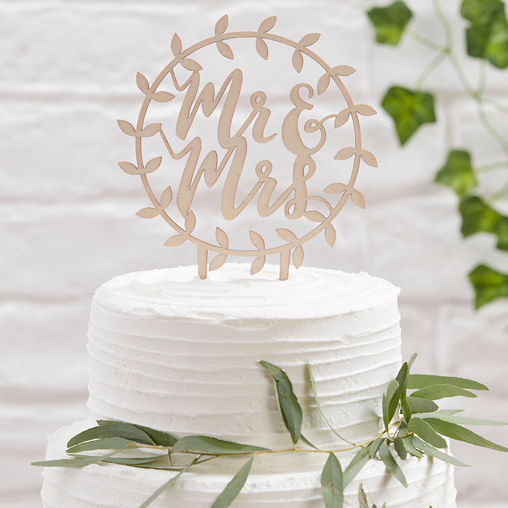 Beautiful Botanics Wooden Mr. & Mrs. Cake Topper - Main Image | My Wedding Favors