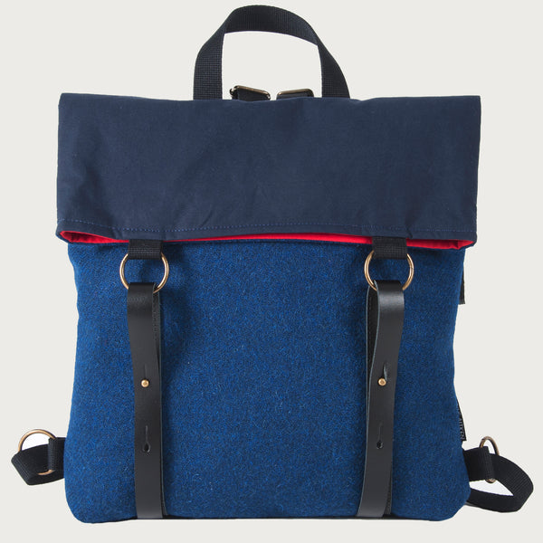 Harris Tweed and Wax Cotton in navy blue with red lining.  