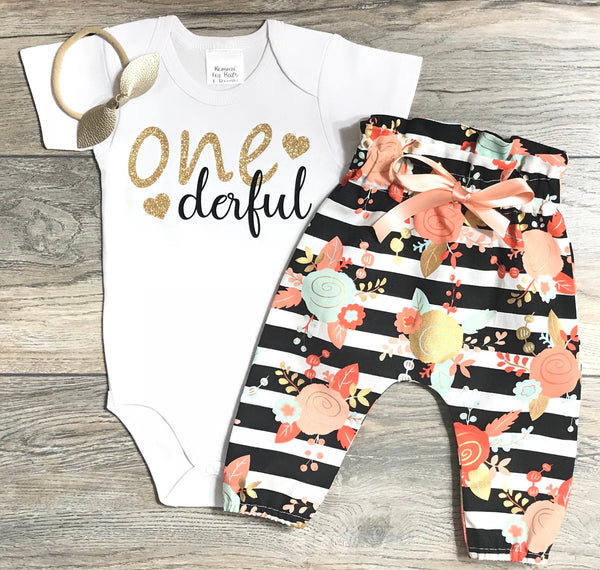 Gold Bow  Headband 1st Birthday Outfit Baby Girl Boho Bull Skull Pants Bodysuit One Derful First Birthday Outfit
