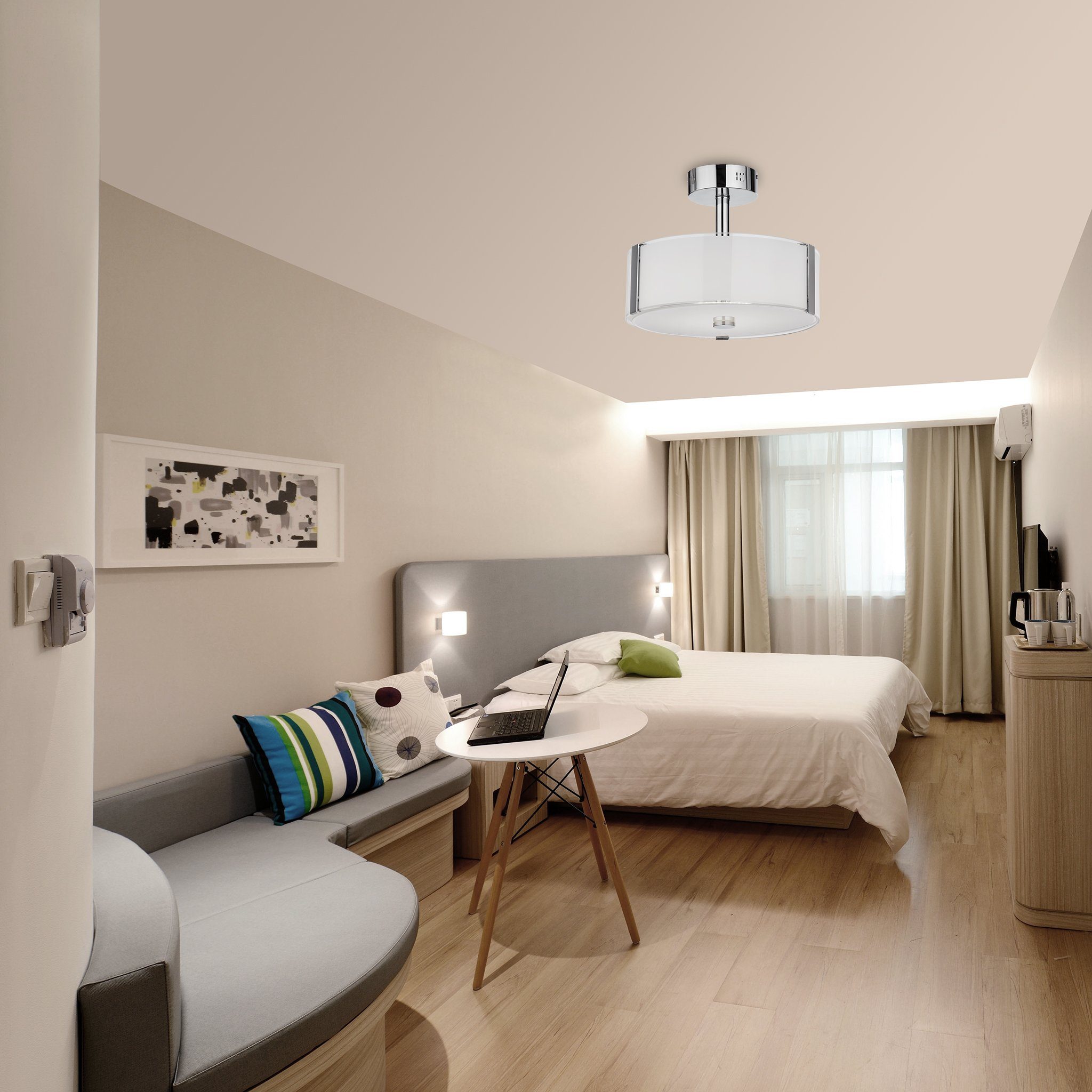Chrome finish integrated LED semi-flush ceiling fitting with glass panels