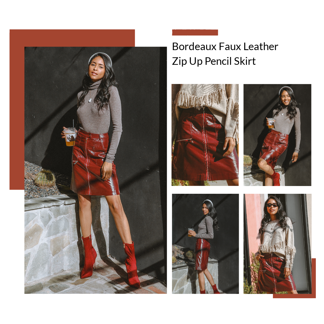 Bordeaux Faux Leather Zip Up Pencil Skirt by MUSE Fashion