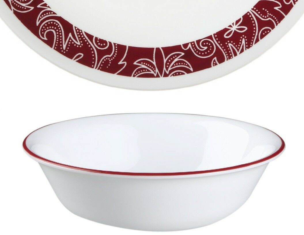 4 Corelle White w/Red Trim 10-oz Dessert Bowls Splendor Bandhani Crimson Trellis