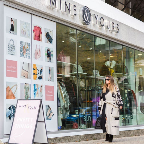 Courtney wearing the Old Celine Coat outside our store