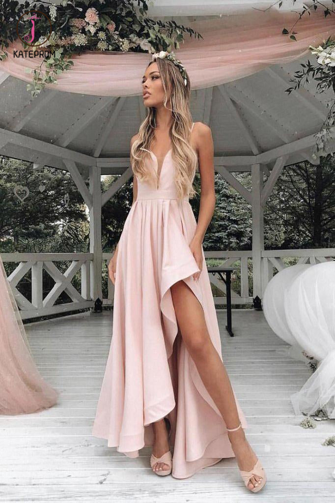 Simple Light Pink Asymmetrical Prom Dress, Sexy Spaghetti Strap Brides –  kateprom