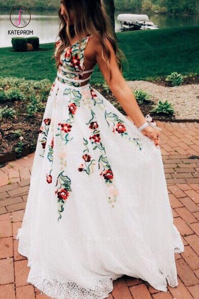 princess v neck floral embroidery long prom dress