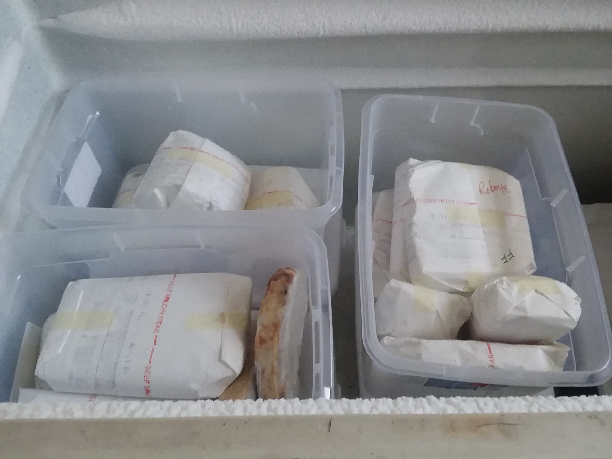 Several tubs of frozen Fleming Family Beef products in a large freezer. 