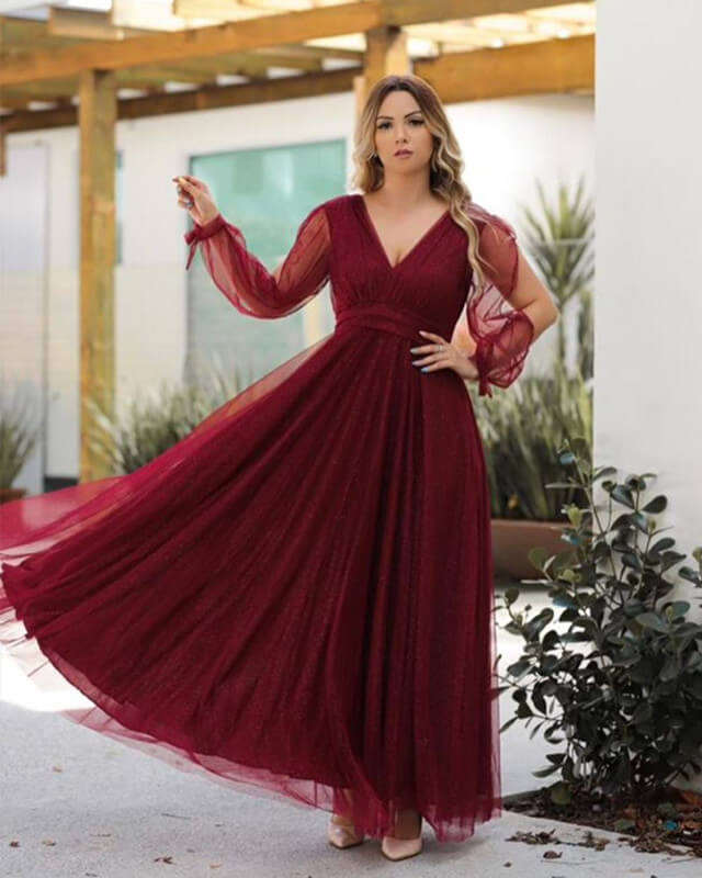 Plus Wine Red Bridesmaid Dresses Tulle V Neck Cold Sleeve –