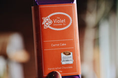 Violet Chocolate Co. award-winning Carrot Cake 36g milk chocolate bar part of the 2018 Fall and Winter Collection and winner of multiple International Chocolate Award's