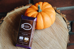 Product image of the internationally award winning Pumpkin Chai flavoured chocolate bar from Edmonton's The Violet Chocolate Company