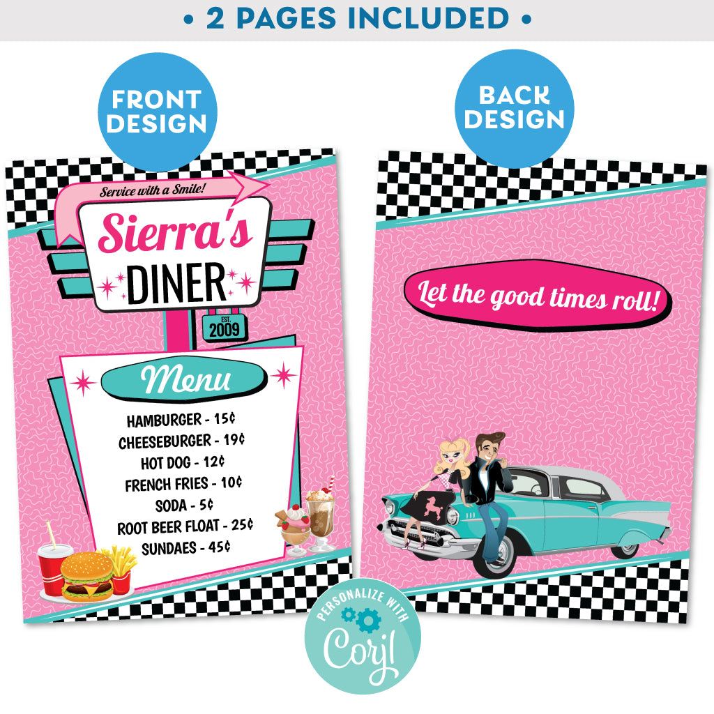 PRINTABLE 23s Diner Menu in Pink and Teal 23" x 23" – Invite Central Inside 50S Diner Menu Template
