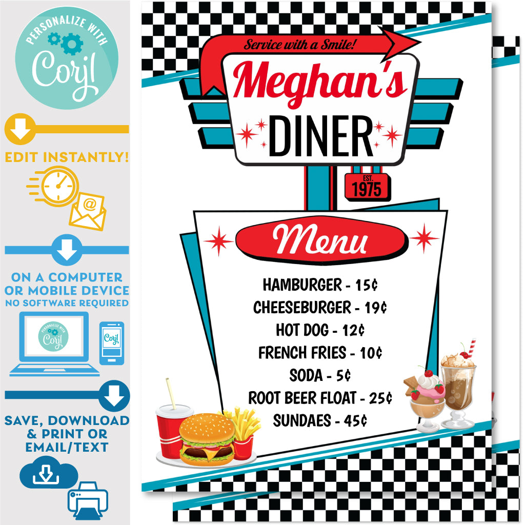 PRINTABLE 23s Diner Menu in White, Red and Teal 23" x 23" – Invite With 50S Diner Menu Template