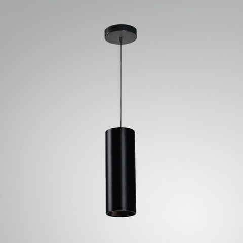 A black cannon-shaped pendant light hanging from a thin black cord