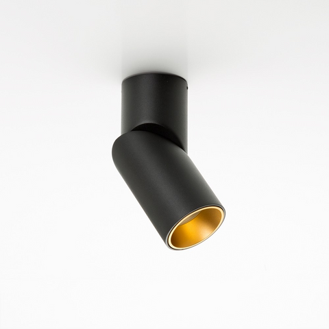 A black adjustable ceiling light with gold interior 