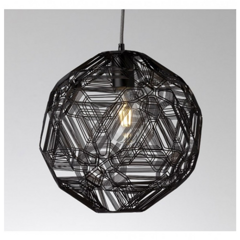 Black dodecahedron-shaped pendant light with woven and patterned transparent shade and grey cord