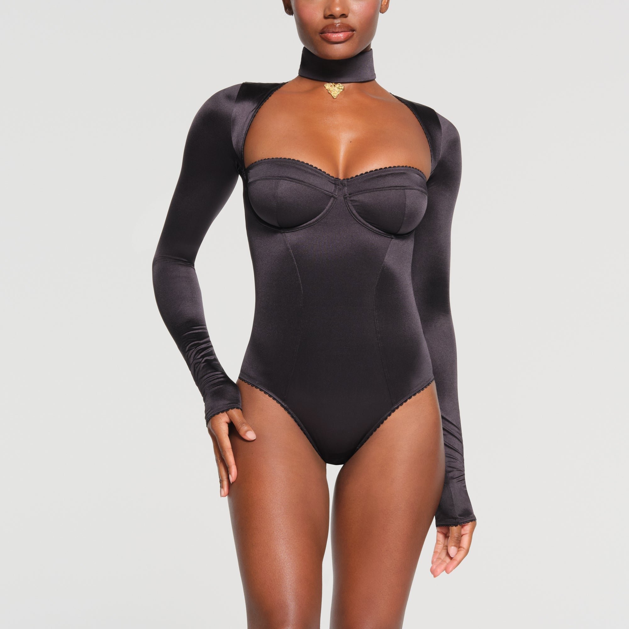 STRETCH SATIN PENDANT LONG SLEEVE BODYSUIT