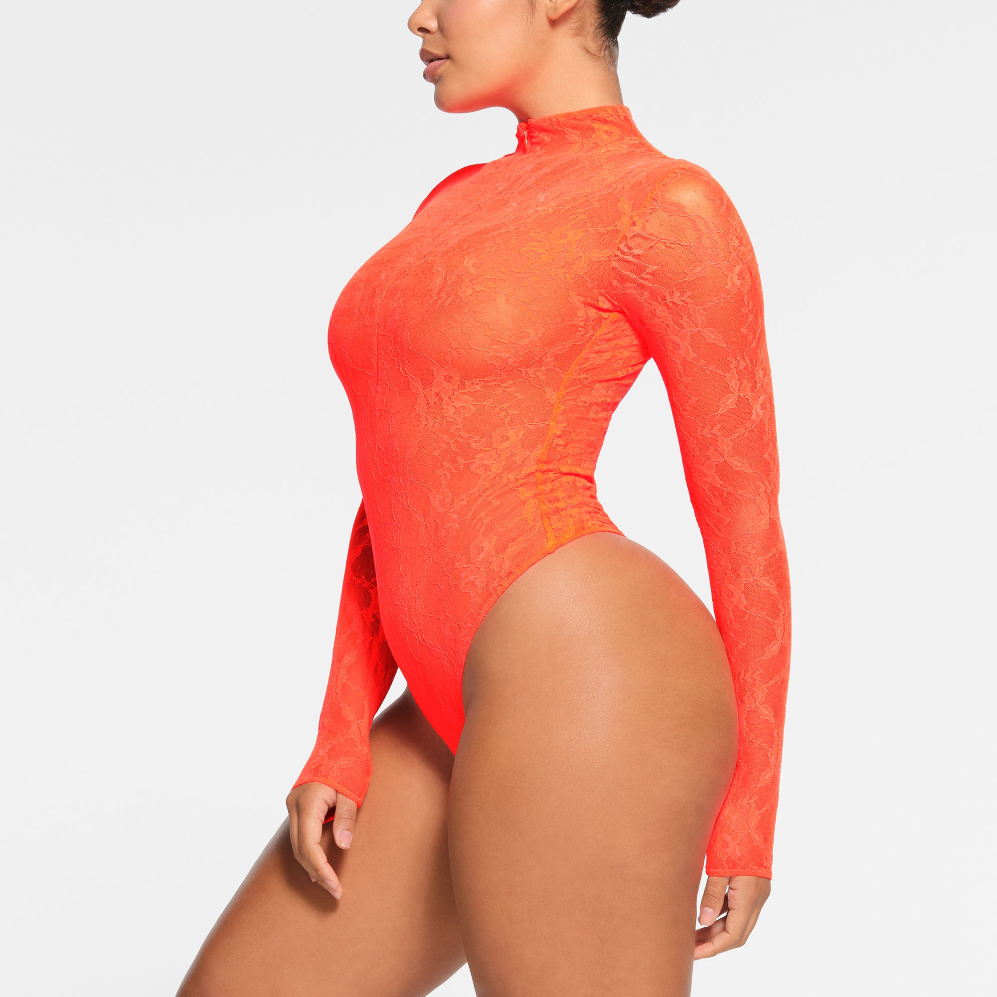 Track Stretch Lace Lined Long Sleeve Thong Bodysuit - Onyx - L at