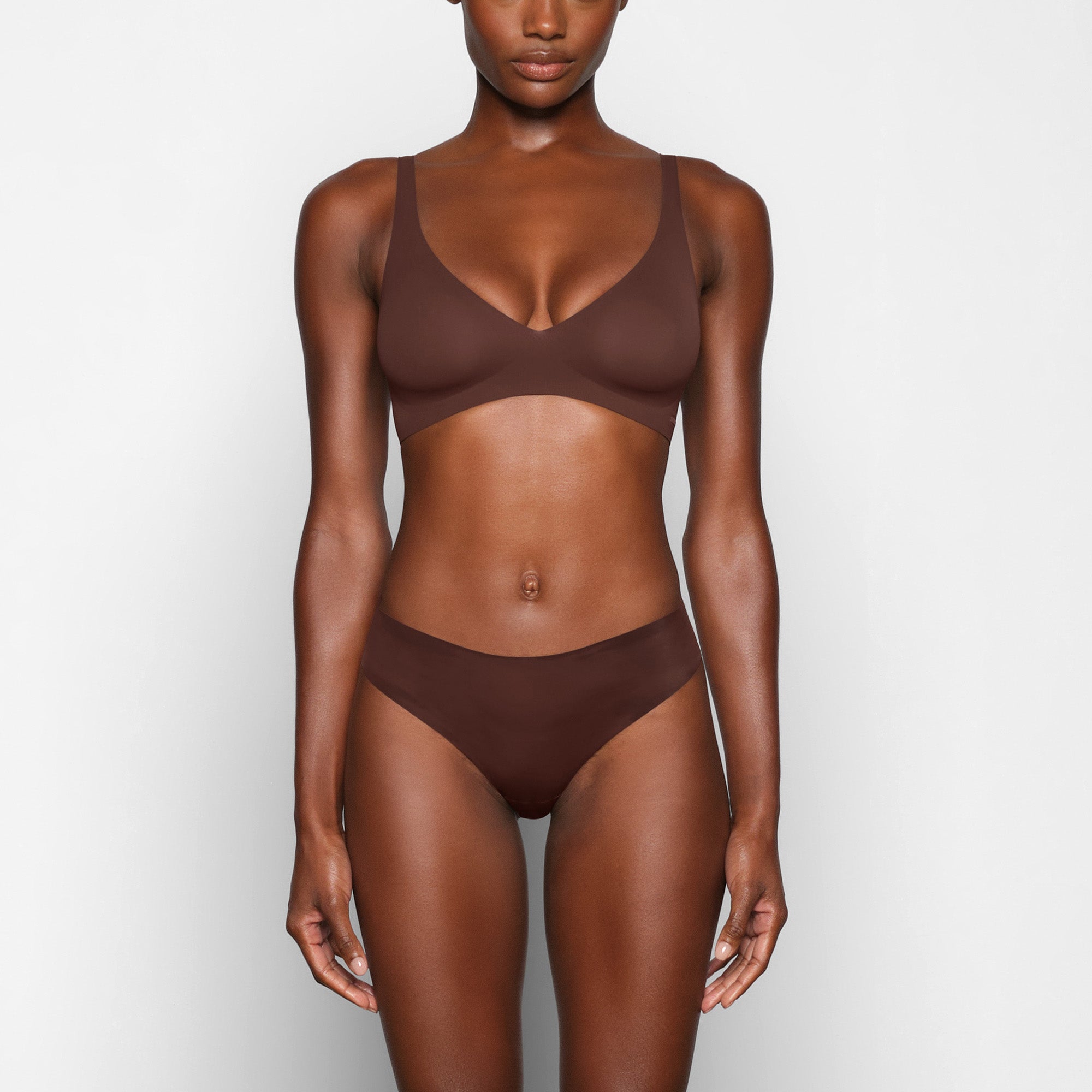 SKIMS Cocoa Brown Wet Jersey Cutout Tank Bralette High Cut Panty Bodysuit  Top S