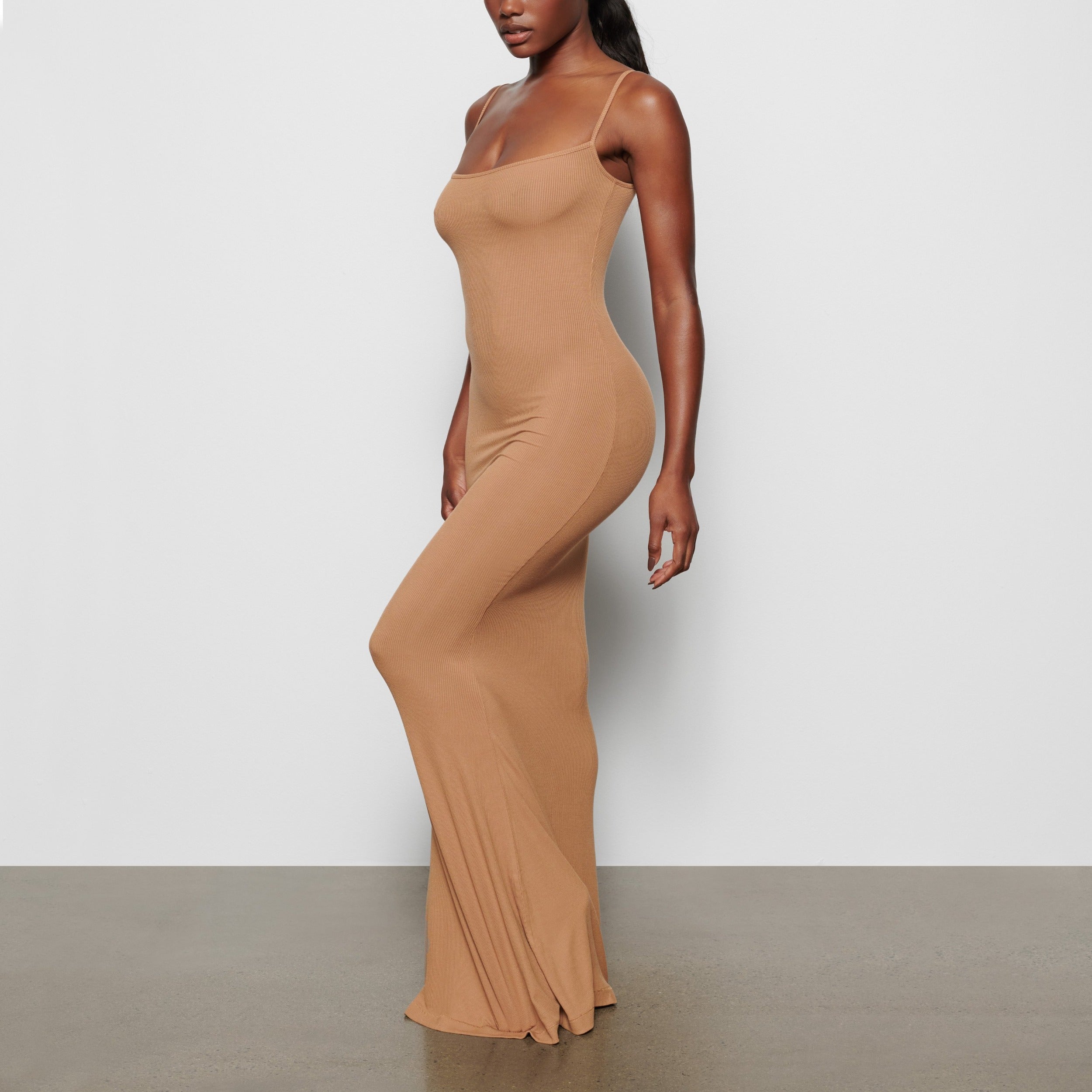 SOFT LOUNGE LONG SLIP DRESS | CAMEL