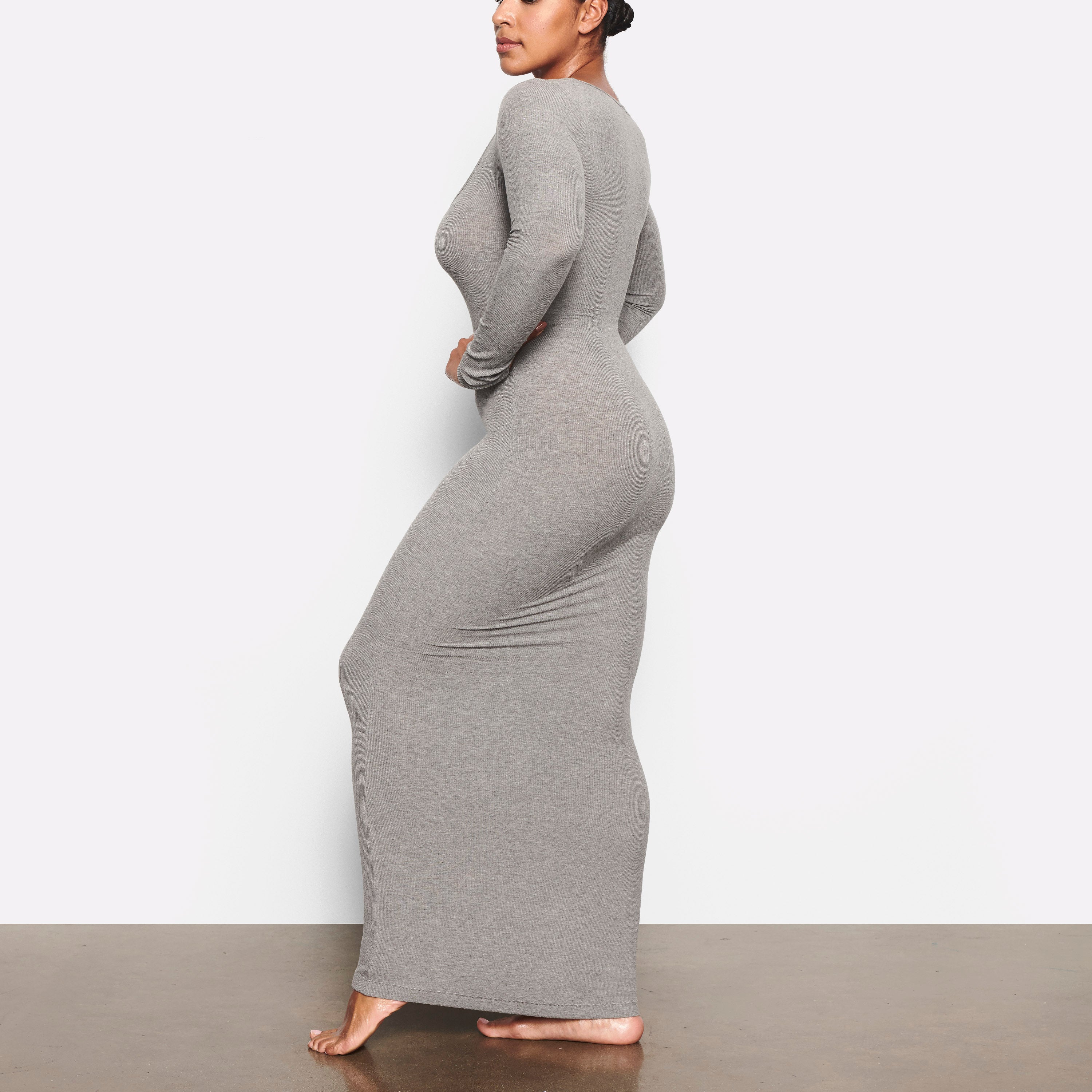 Shape Grey Slinky Body Long Sleeve Maxi Dress
