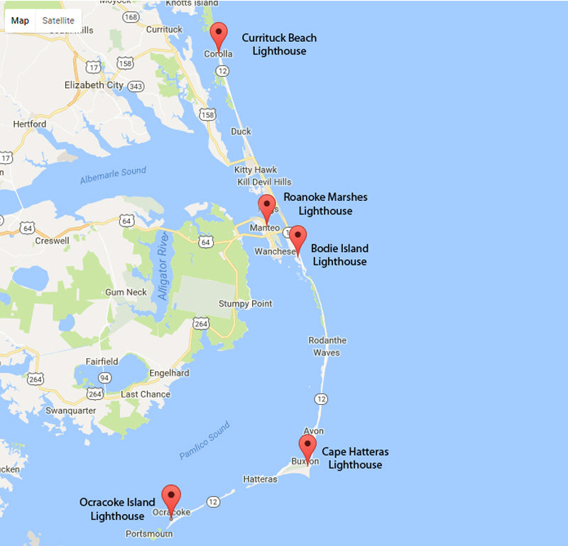 Map of Outer Banks of North Carolina Lighthouses