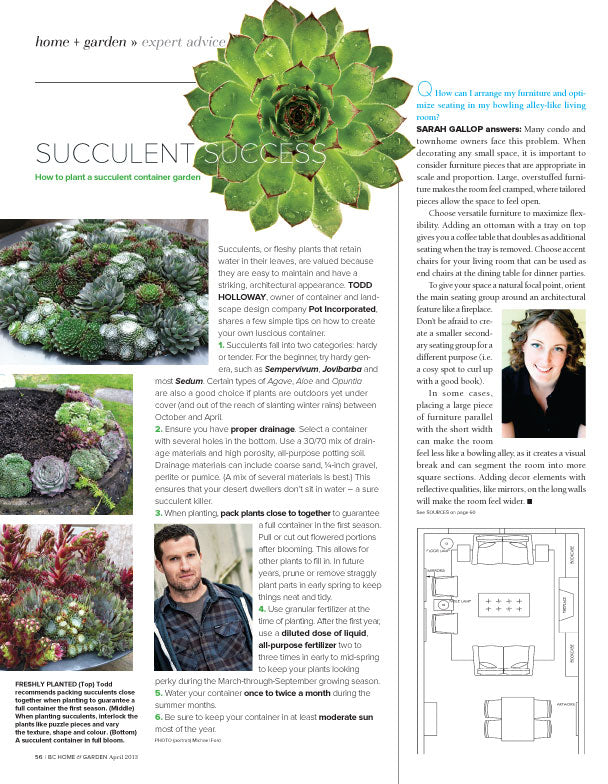 Succulent article by Pot inc in BC Home and Garden magazine