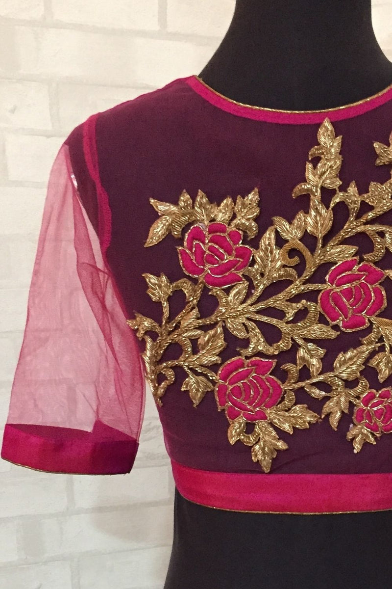 Fuchsia pink silk V neck blouse with applique. – House of Blouse