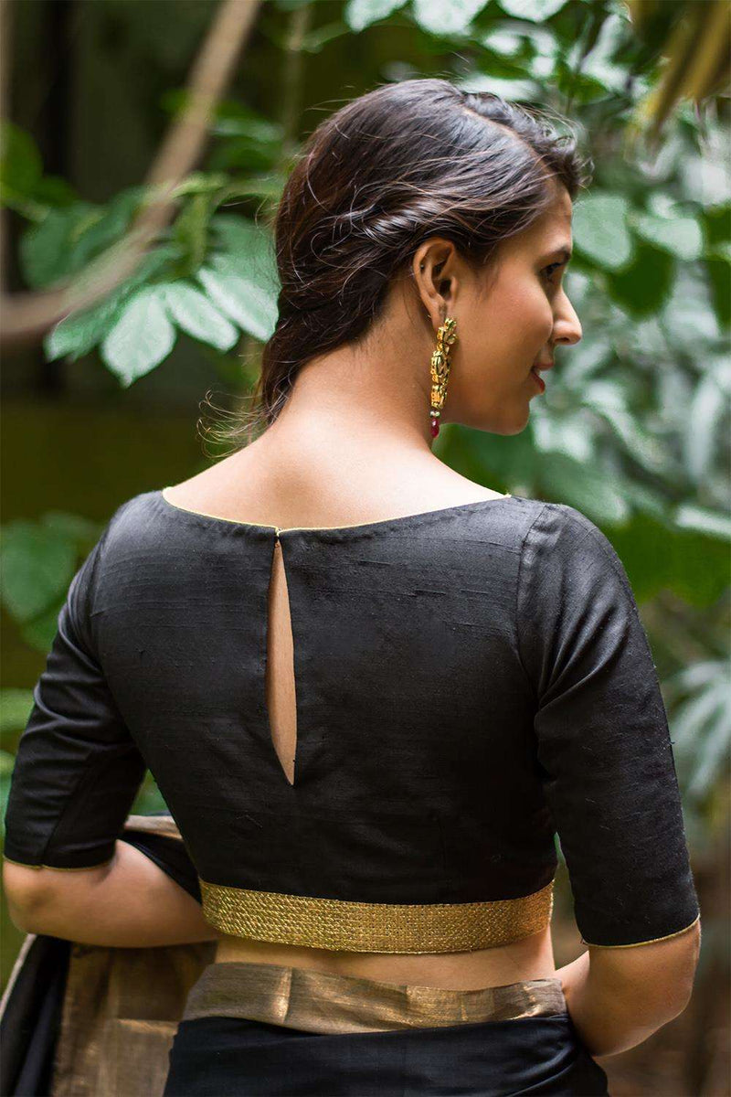Black raw silk boatneck blouse with gold sequin border – House of ...