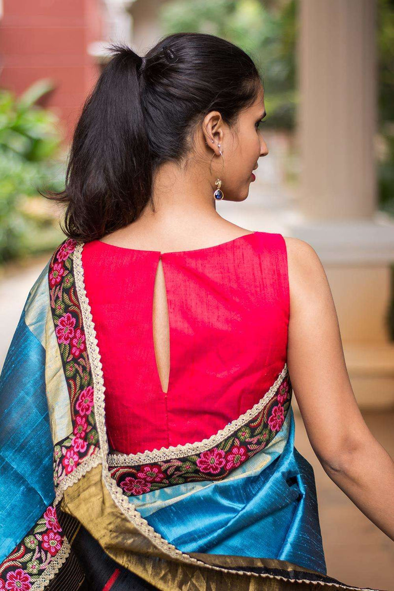 Pinkish red raw silk boatneck sleeveless blouse – House of Blouse