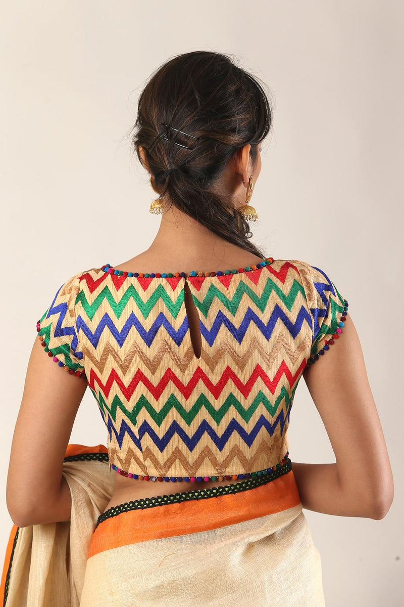 Beige and multicolour chevron threadwork boatneck blouse with pom ...