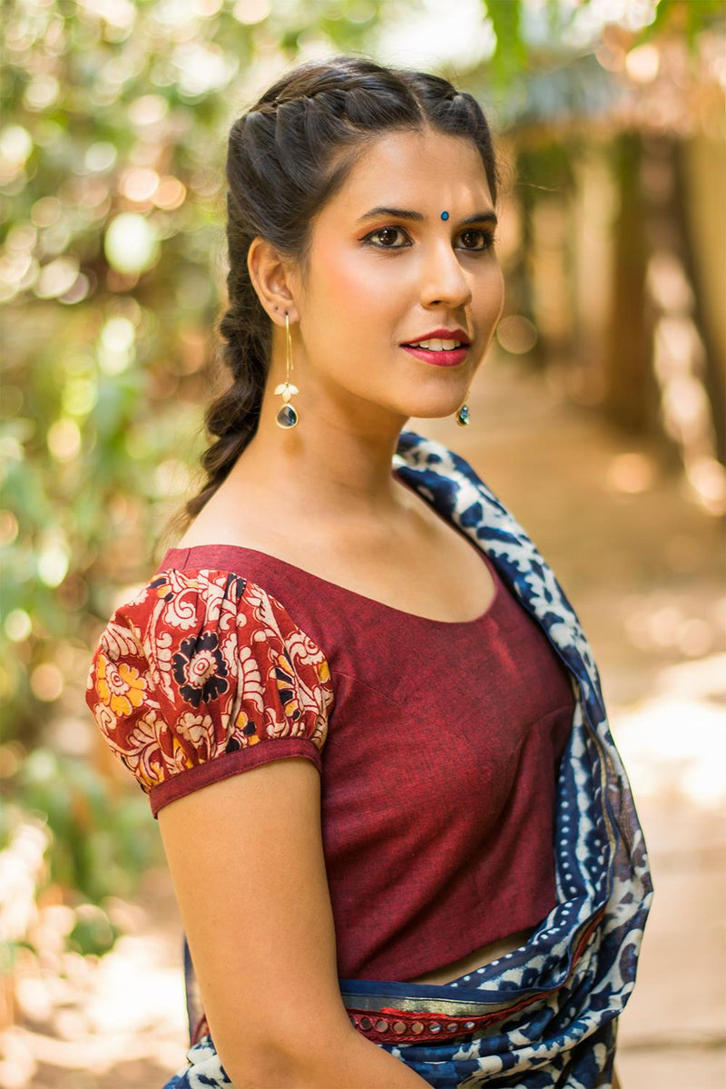 Maroon Handloom blouse with Kalamkari puff sleeves – KALAMKARI BLOUSE DESIGNS