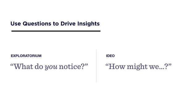 Use questions to drive insights: "What do you notice?" "How might we?"