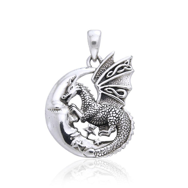 Sterling Silver Dragon on Moon Pendant Charm 925 Silver Fantasy Fairy