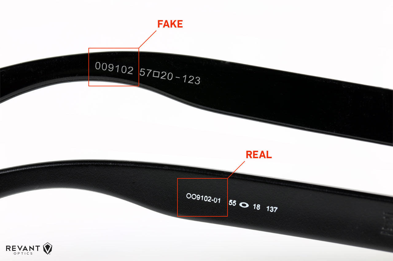 Examples of the inside arms of real and fake Oakley Holbrook sunglasses