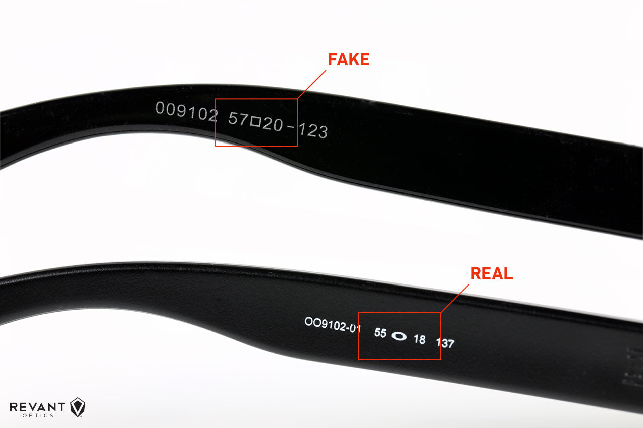 Example of real vs fake Oakley Holbrook size markings