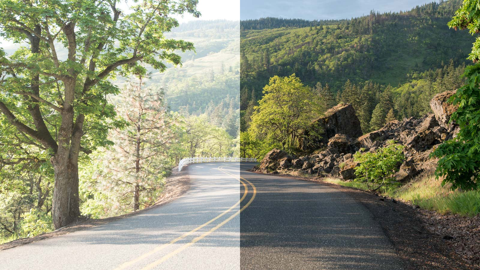 View of the road seen with and without the Stealth Black lens