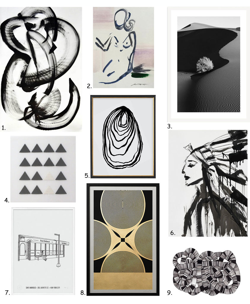 Simply Framed's Guide to Black and White Art, featuring Thomas Hammer, NG Collective, Drew Doggett, Linda & Harriett, Jenna Snyder-Phillips, Knowlita, Lisa Hunt Creative, and Jaime Derringer of Design Milk. 
