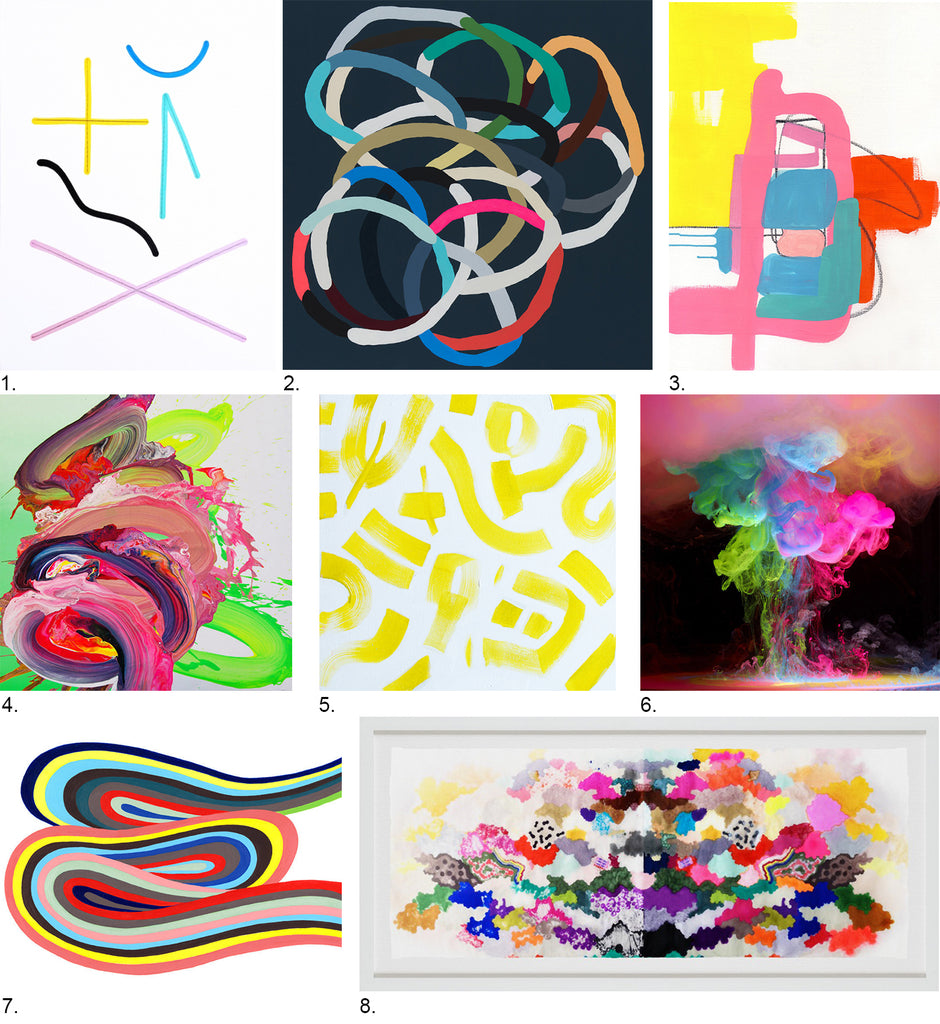 Neon Abstract Art: Simply Framed's Source List featuring Kirra Jamison, Erin Garcia, Jaime Derringer, Britt Bass, Hapi Art, Jessica Snow, Mark Mawson, and Yago Artel