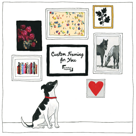 Give the gift of Custom Framing with the Simply Framed Gift Card. Illustration by Jane Mount of Ideal Bookshelf. 