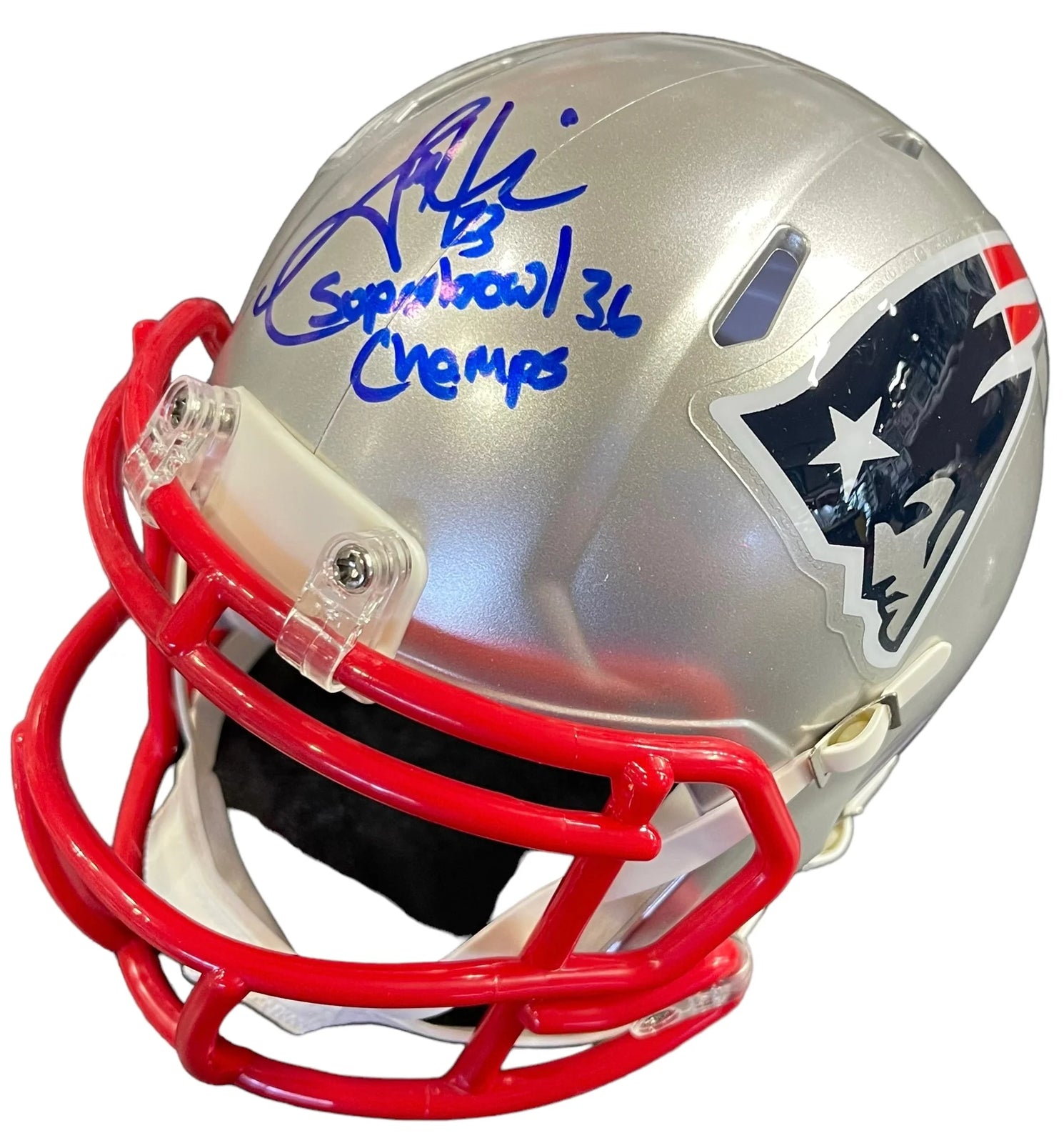 Ty Law Autographed New England Patriots Flat White Mini Helmet HOF